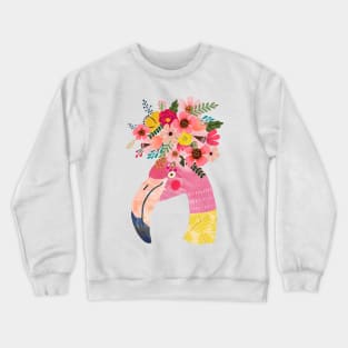 Cute Flamingo in pink and yellow with flowers on head Crewneck Sweatshirt